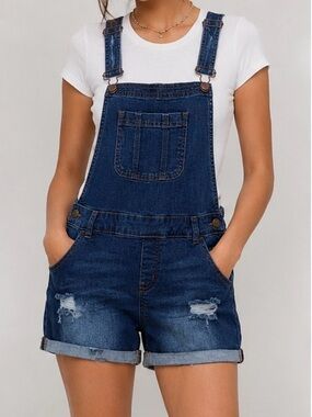 Wax Jean Junior Denim Short Overalls Distressed Dark Wash Size L